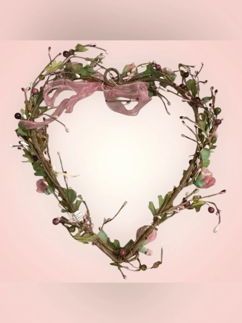 🌺HEART WREATH PINK FAUX FLOWERS RIBBON 🎀